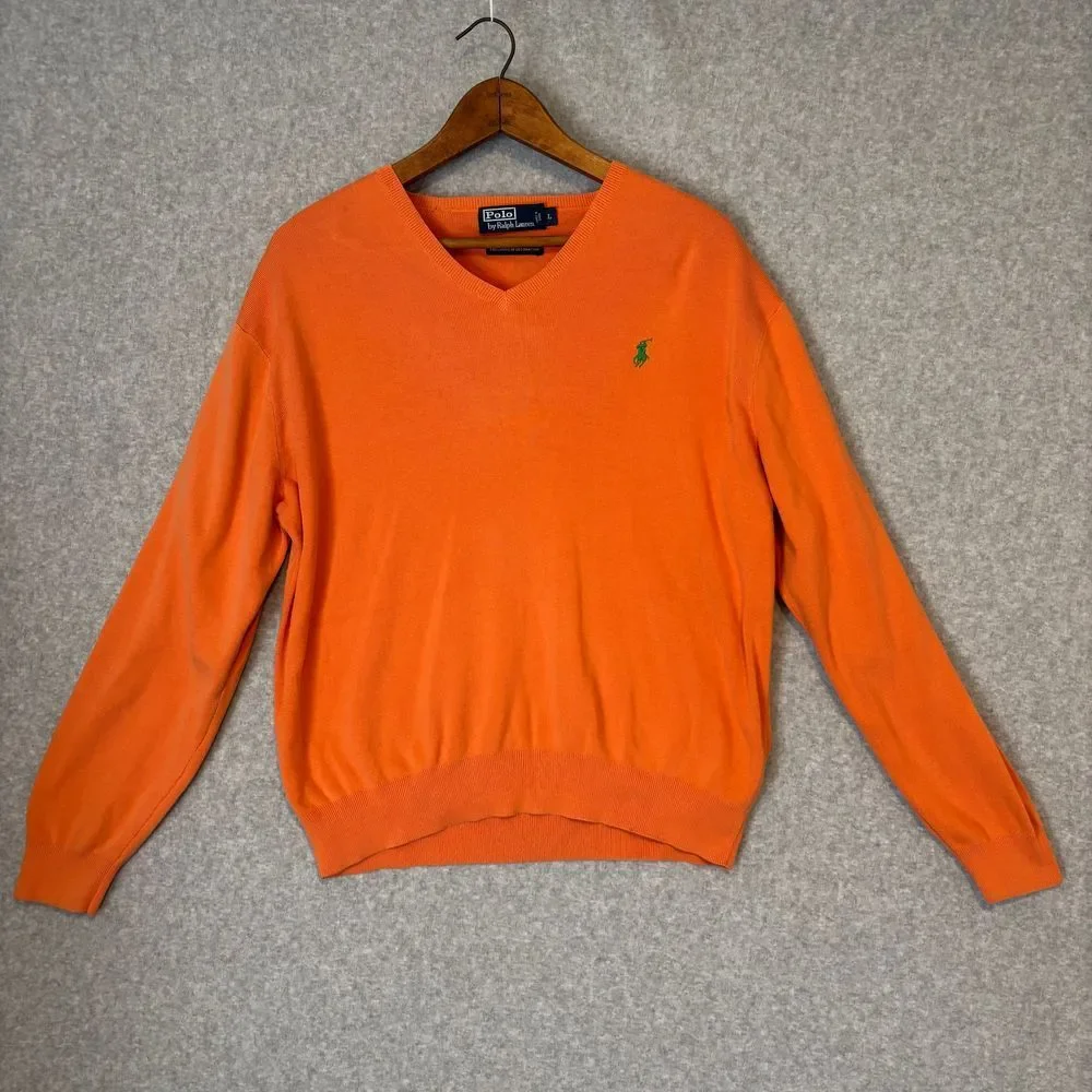 Vintage Polo Ralph Lauren Men's Orange Pullover Sweater Large Cotton Y2K Preppy